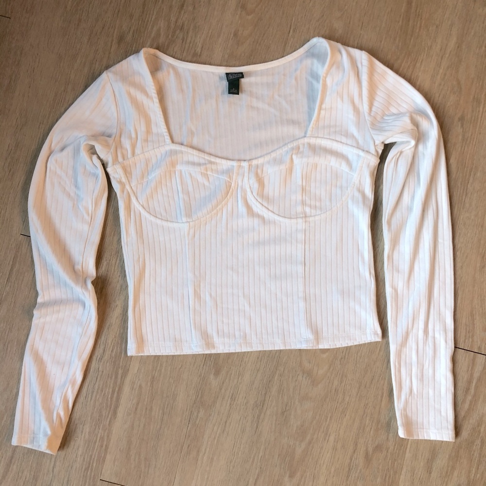 White Bustier Style Long Sleeve Ribbed Top